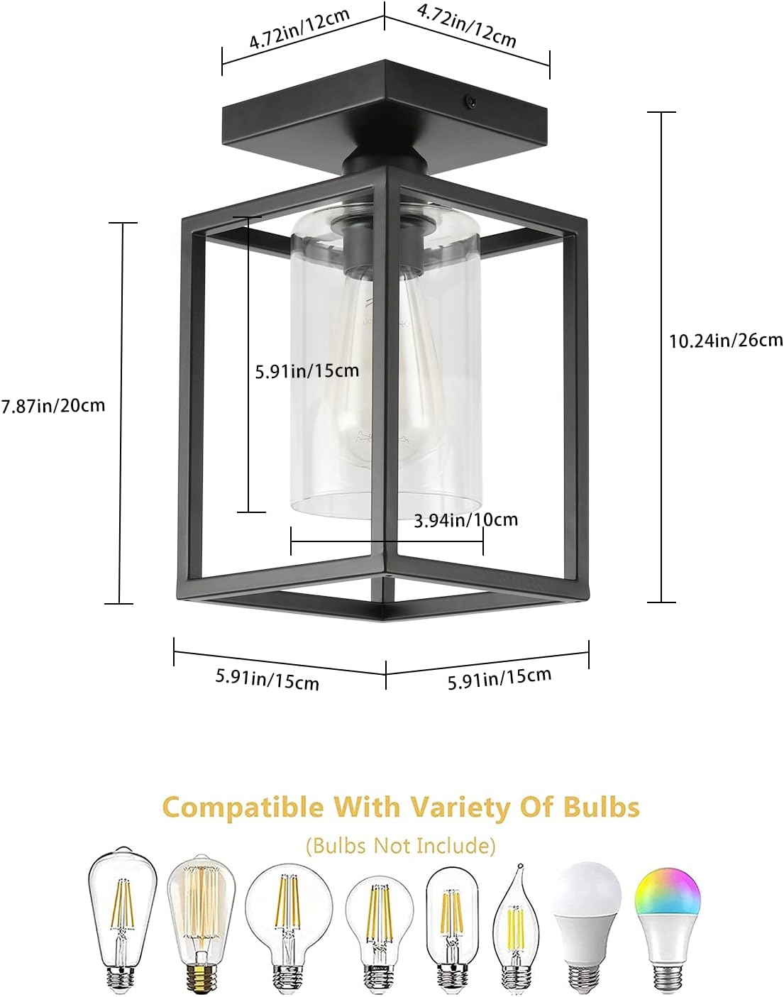 Farmhouse Semi Flush Mount Ceiling Light with Black Metal Frame & Clear Glass Shade, IHENGYANLT