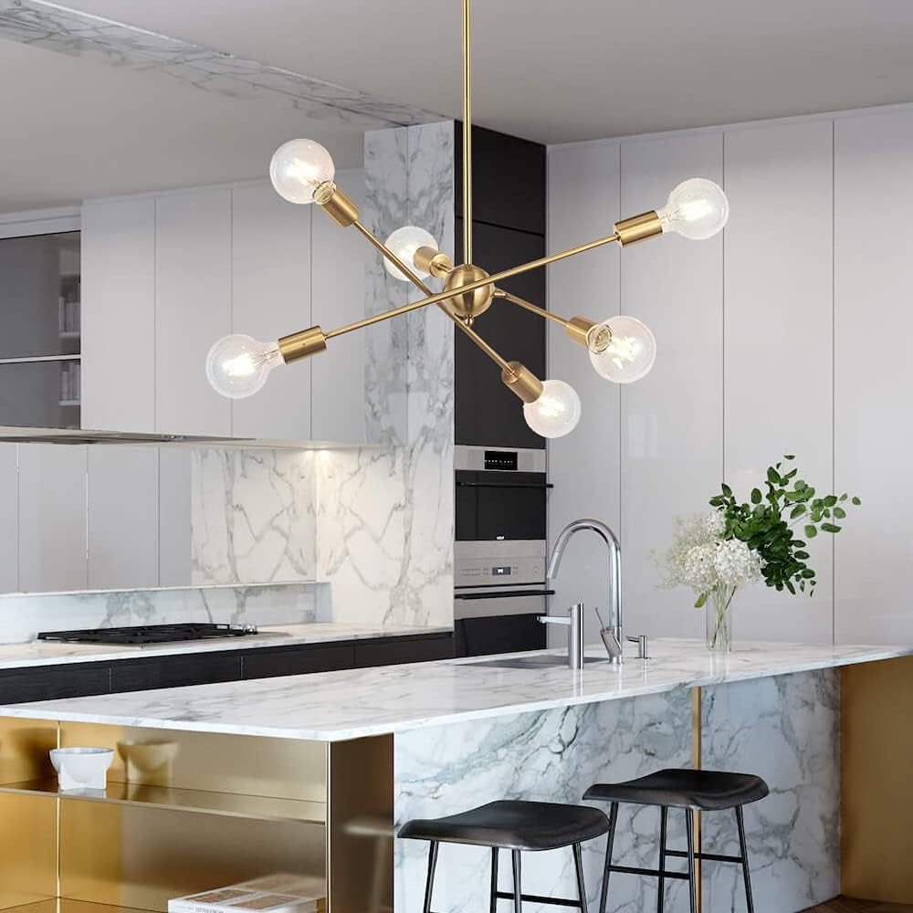 New BONLICHT Modern Sputnik Chandelier 6 Lights, Brushed Brass, Gold, for Kitchen/Dining/Hallway