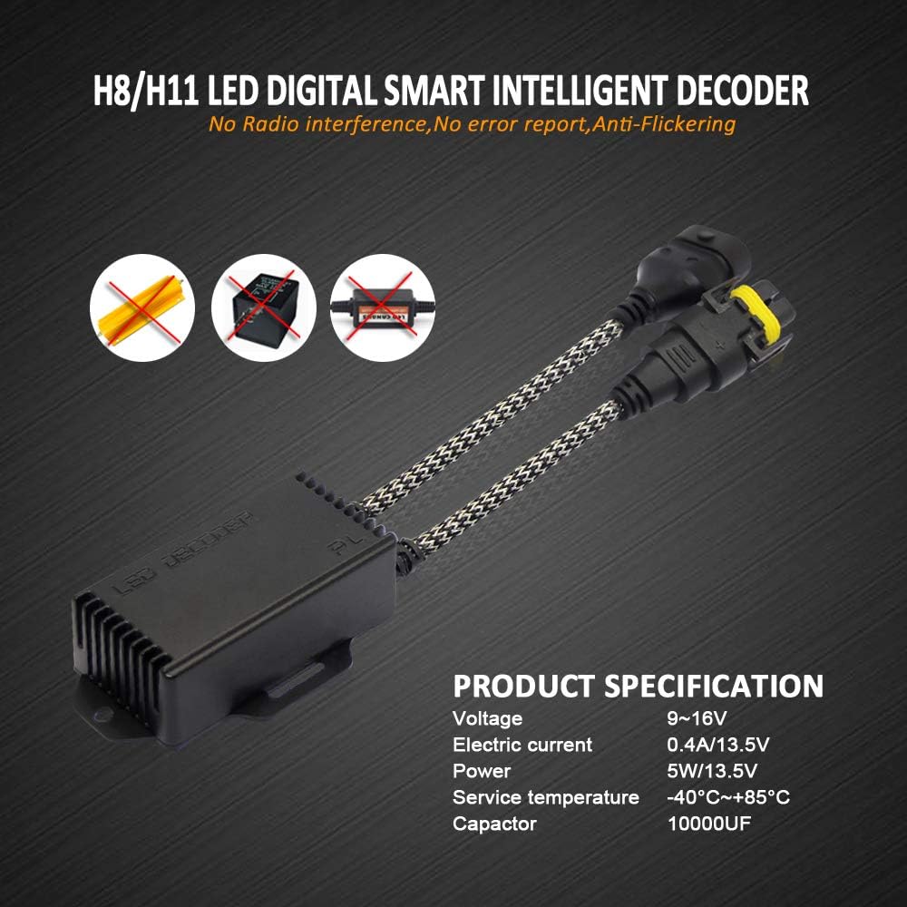 New D-Lumina H8 H9 H11 LED Canbus Decoder, Anti Flicker Harness, Error Free, Pack of 2