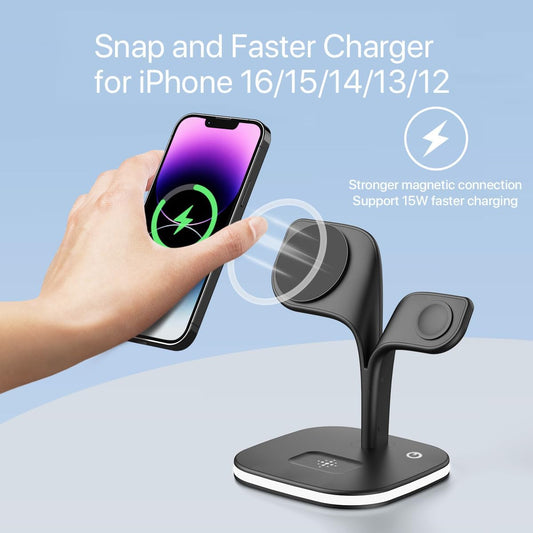New - Black Wireless Charging Station for Magsafe, Multi-Device, Iphne 15/14/13/12, Watch, AirPds