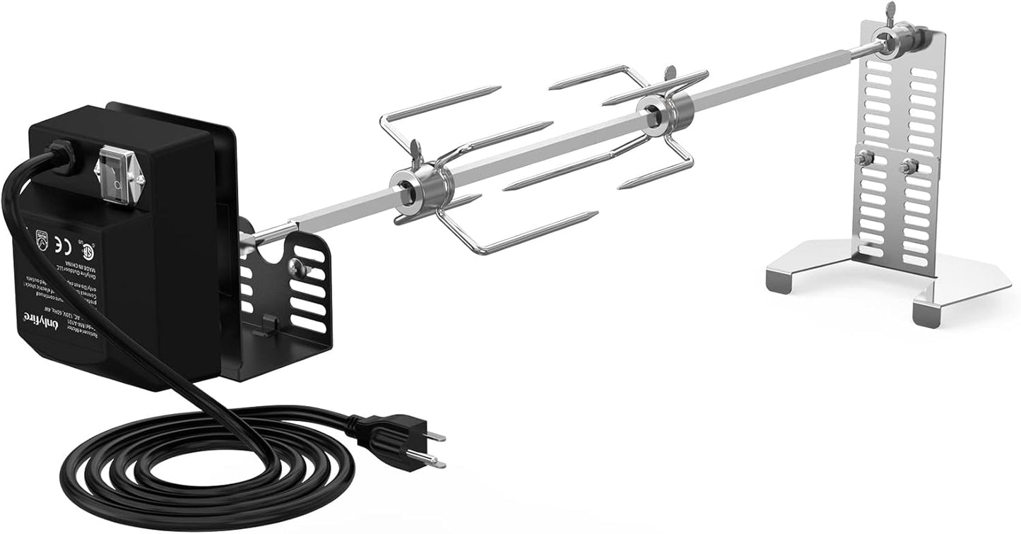 New Universal BBQ Grill Rotisserie Kit, Gas Grills, 110V 4W Motor, 4-Prong Forks, 28" Rod, onlyfire