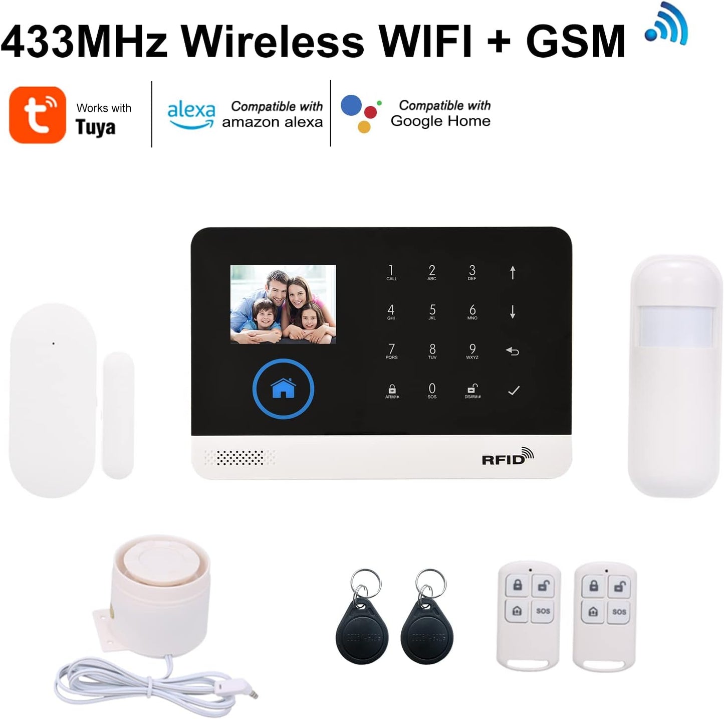 WiFi Home Alarm Security System, Wireless LCD Display, 10 Pieces, Voice Control Alexa & Google
