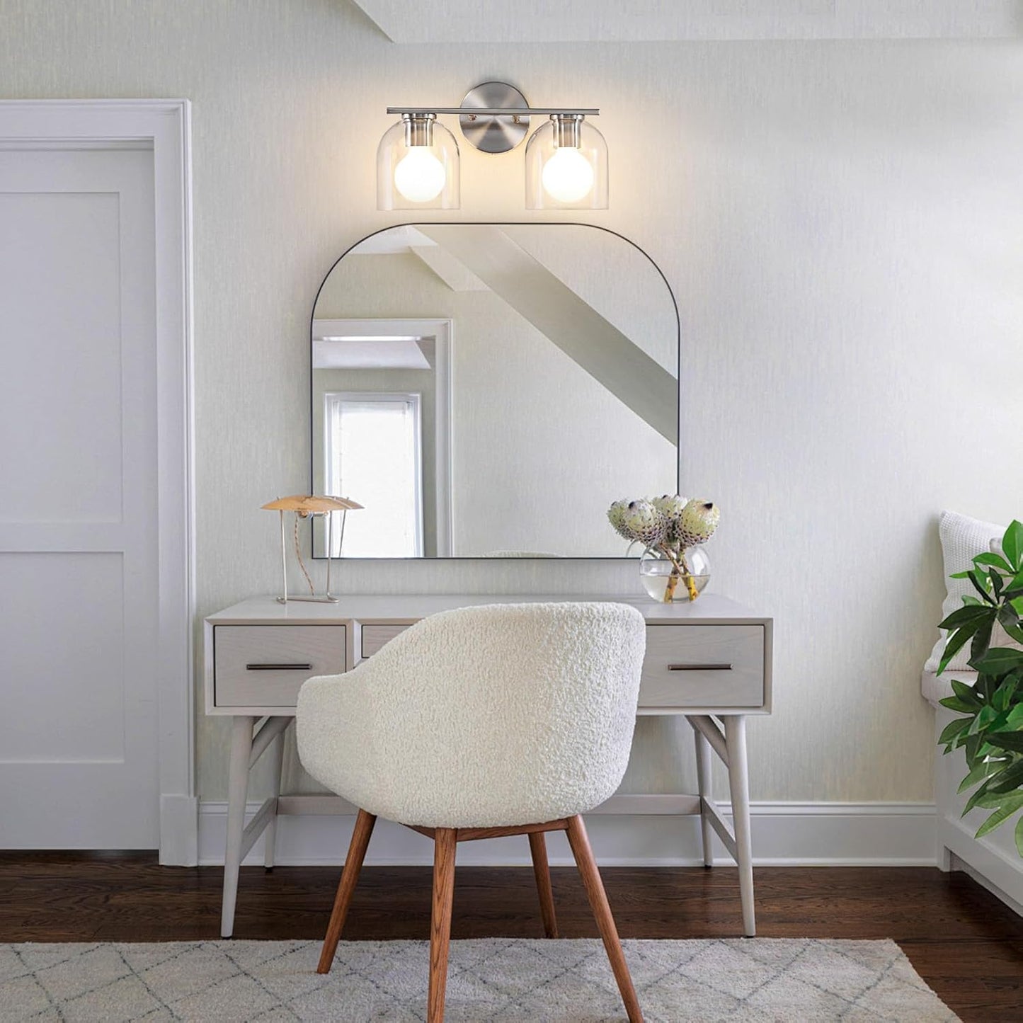 Modern 2-Light Vanity Sconce, Clear Glass Shade, Wall Mount, Brushed Nickel, 14.2 Inch, WOSHITU