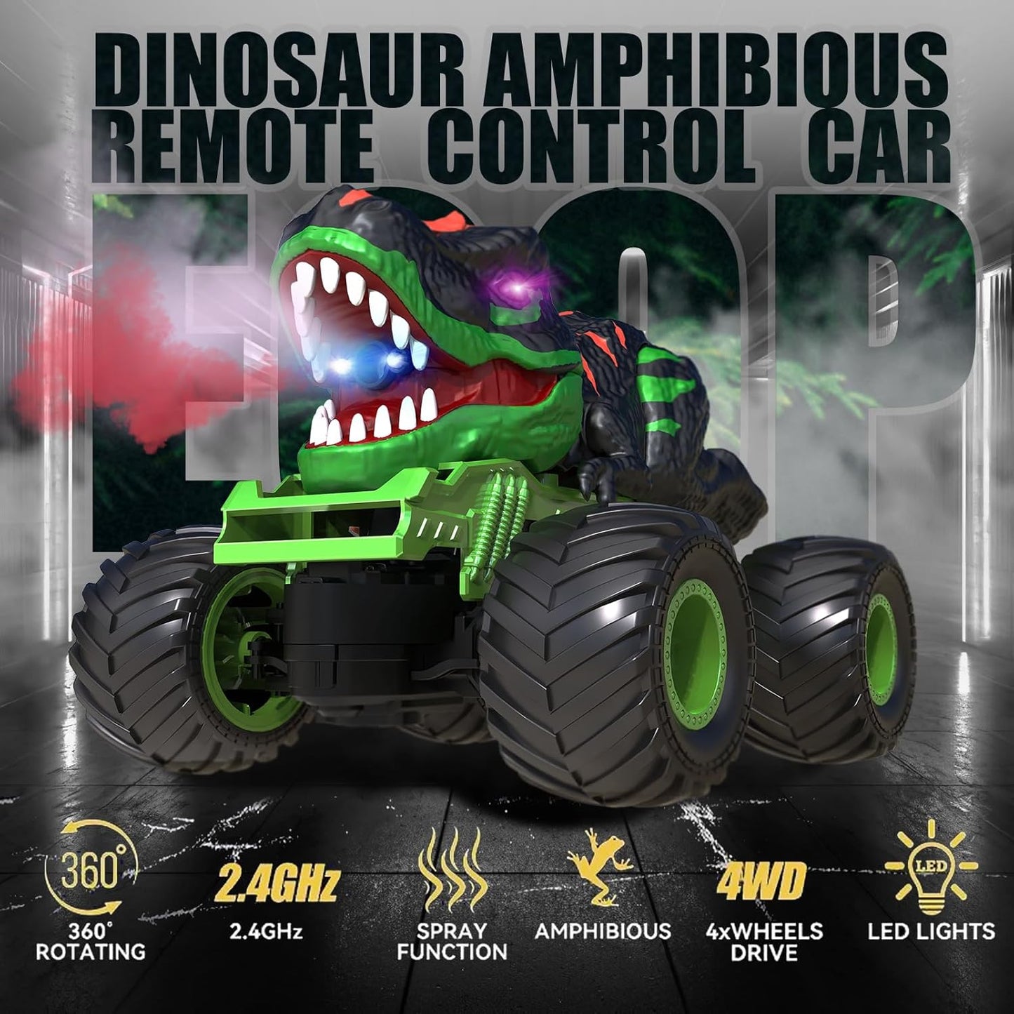 EPPO Dinosaur Car, Remote Control, 2.4Ghz, Light & Sound, Spray, Boys, Kids