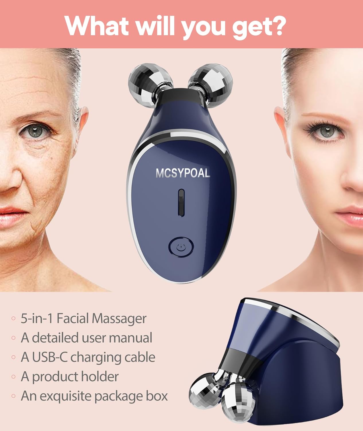 Microcurrent Facial Device, 5-in-1 Massager, Face Roller, Skin Care, Royal Blue, MCSYPOAL