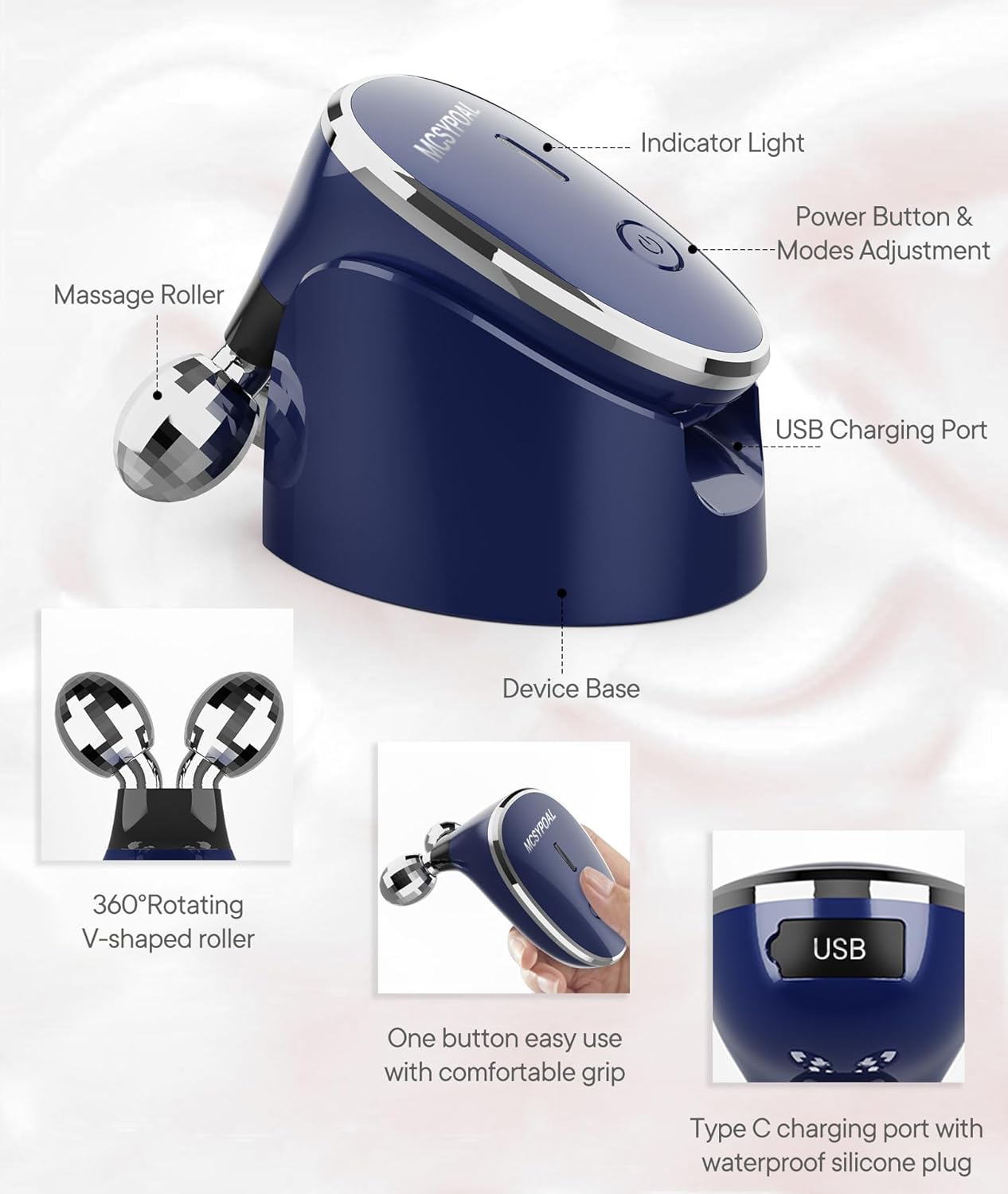 Microcurrent Facial Device, 5-in-1 Massager, Face Roller, Skin Care, Royal Blue, MCSYPOAL