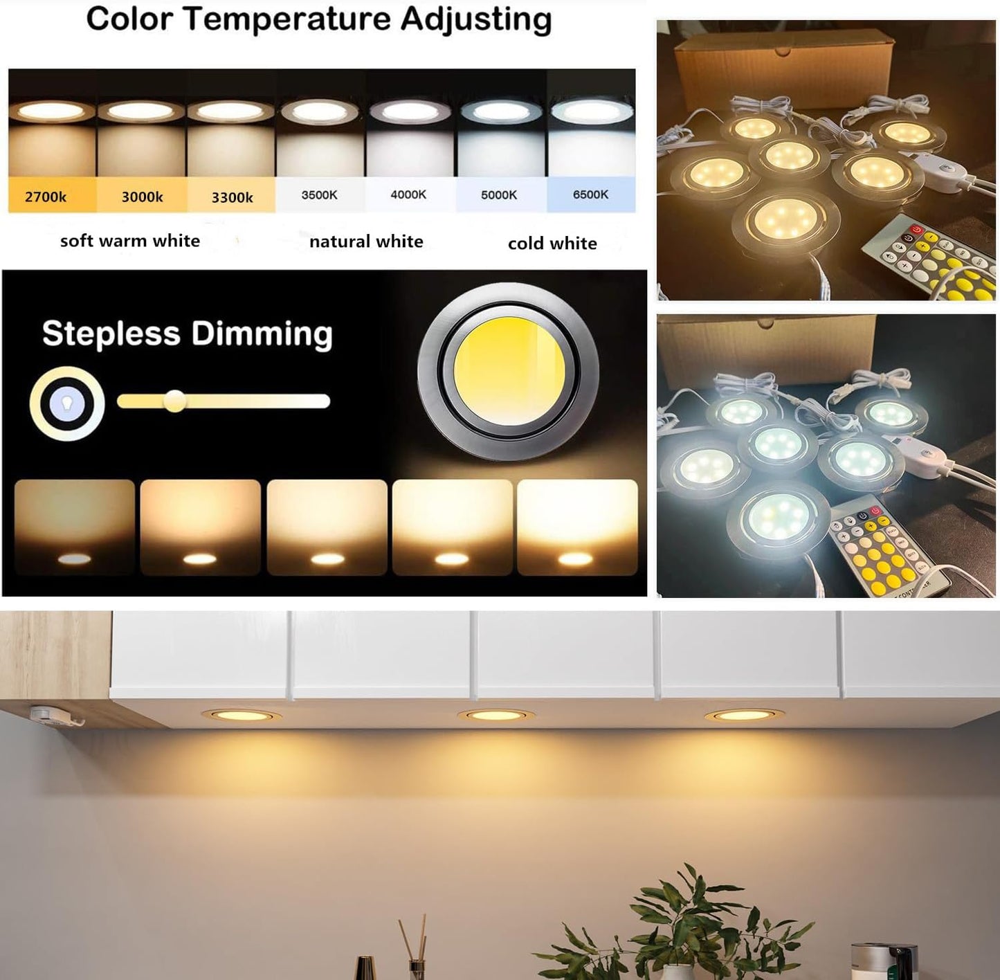 New Smart Lampaous PuckSmart Under Cabinet Lights, Round, Wired,2700K-6500K,Small Recessed LED 6pcs