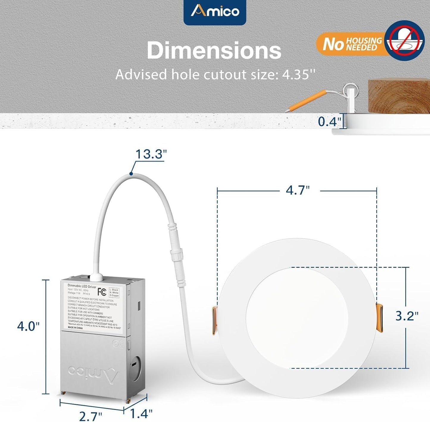 4 Pack 4 Inch Ultra-Thin LED Recessed Light with Junction Box, 2.7k-5k, 700LM, Dimmable, Amico