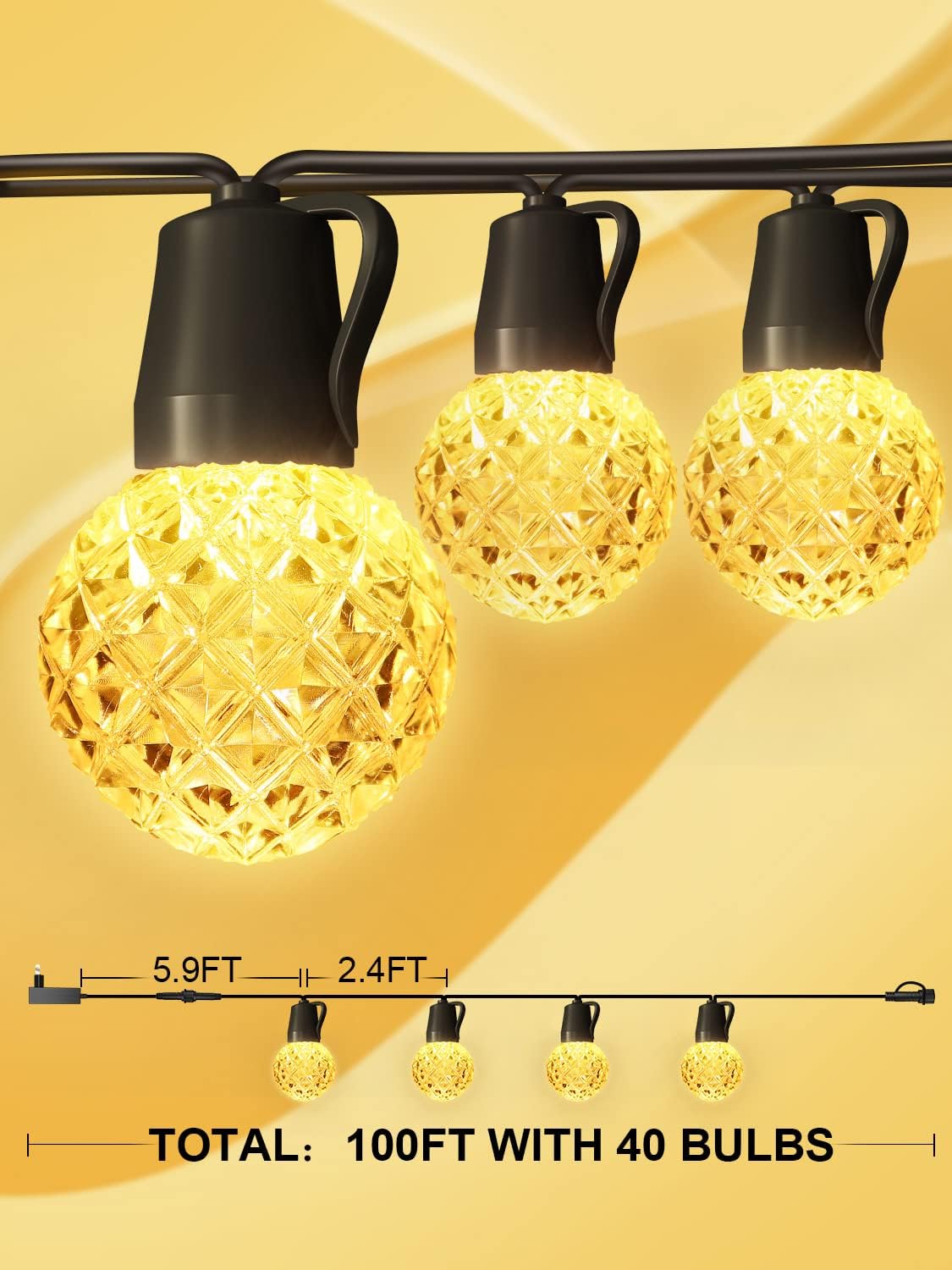 Outdoor String Lights, 100FT Patio Lights, 40 G40 LED Bulbs, Waterproof, for Backyard, Deck, Garden