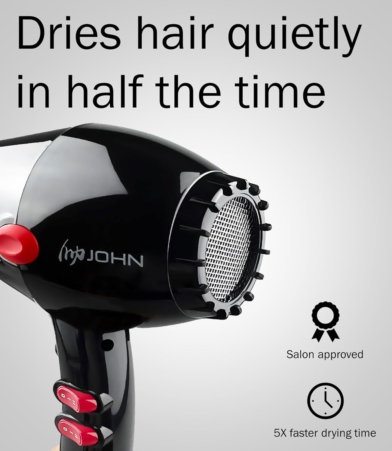 Super Fast Drying Ionic Hair Dryer, 2200W Pro Salon, Blast Turbo 6900, 2 Nozzles, Black, JOHN
