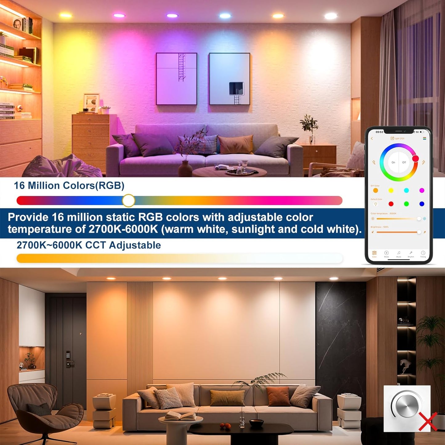 New 12 Pack RGB Smart Recessed Lighting 6 Inch, 2700K~5700K, Bluetooth, 16W, 1350 Lumen