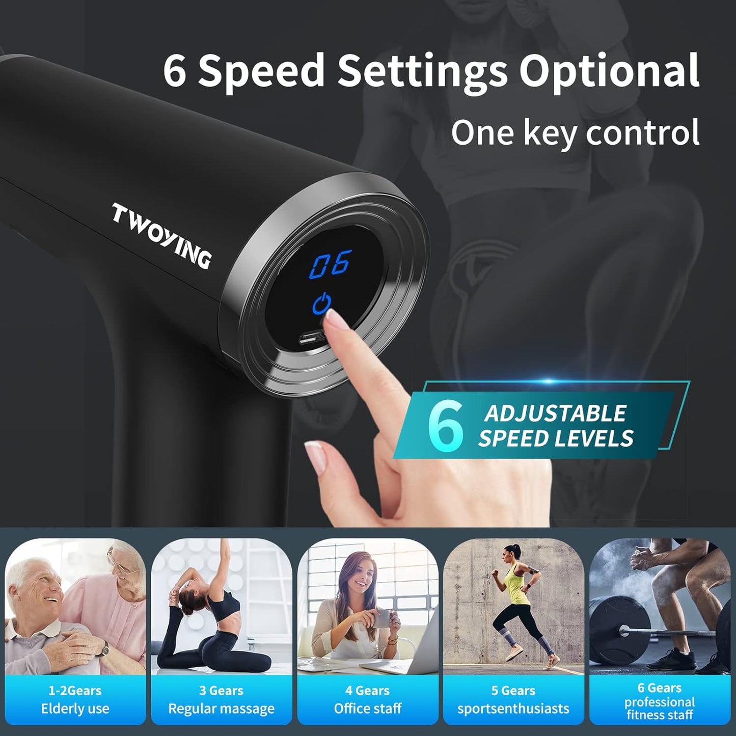 TWOYING Mini Massage Gun, Deep Tissue, Handheld, LCD Touch Screen, 6 Speeds, Pink