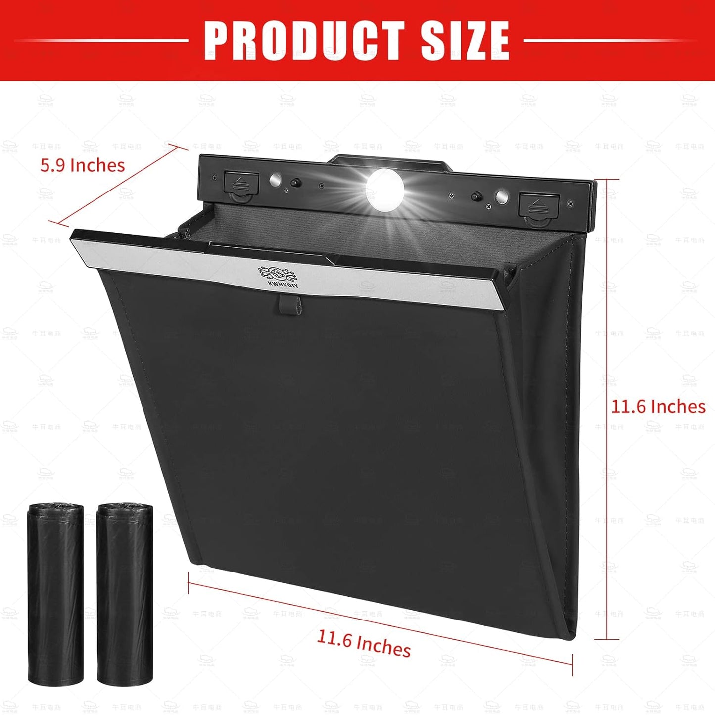 New Car Trash Can (11.6" x 11.6"), with LED, Magnetic Foldable, PU Leather, 30 Bags