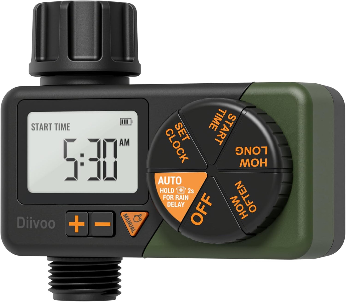 Digital Water Sprinkler Timer with Rain Delay, Manual Mode & Programmable Scheduling, Diivoo