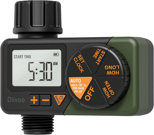 Digital Water Sprinkler Timer with Rain Delay, Manual Mode & Programmable Scheduling, Diivoo