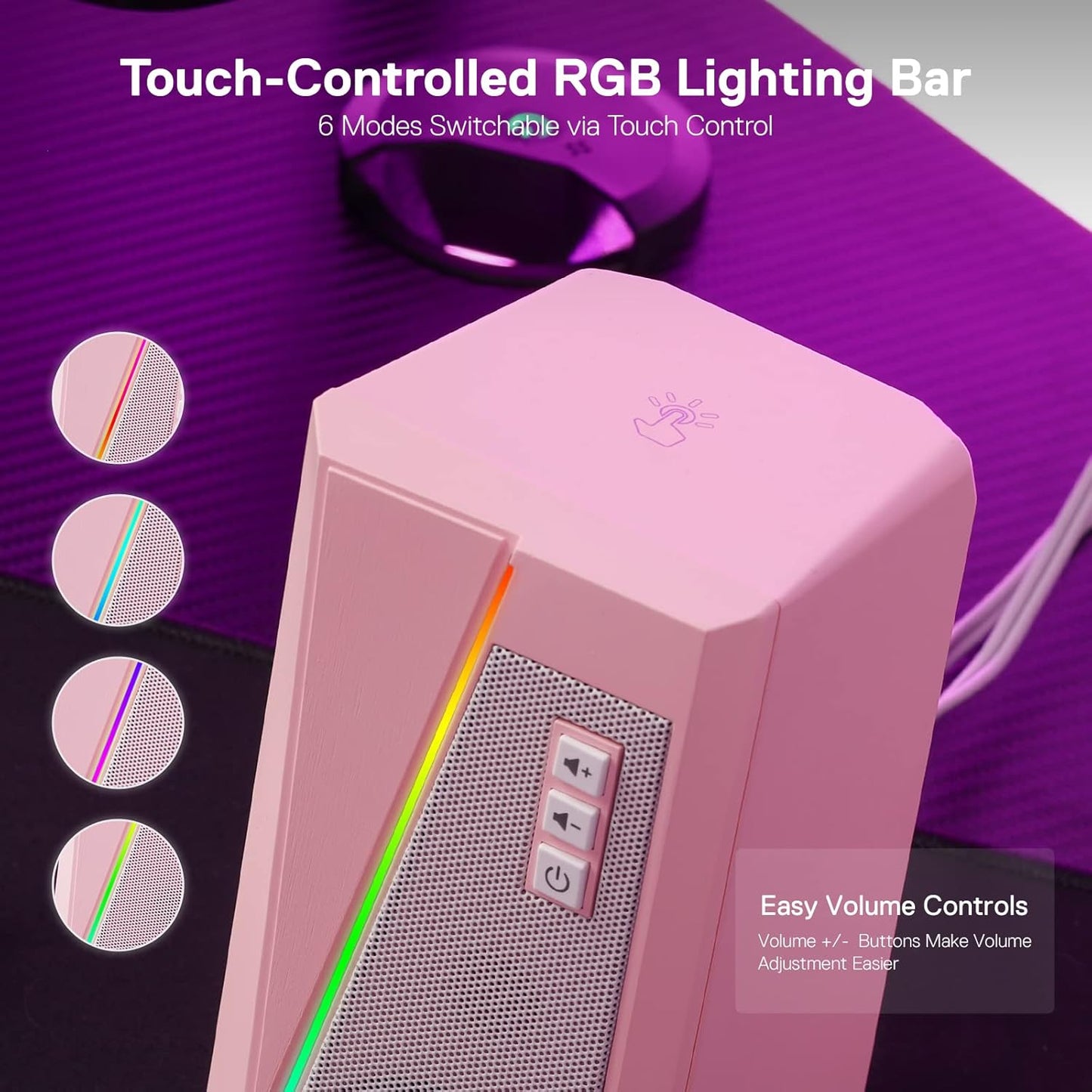 RGB PC Gaming Speakers w/ 6 LED Modes, USB Powered & 3.5mm Jack, Pink, GS520, Redragon