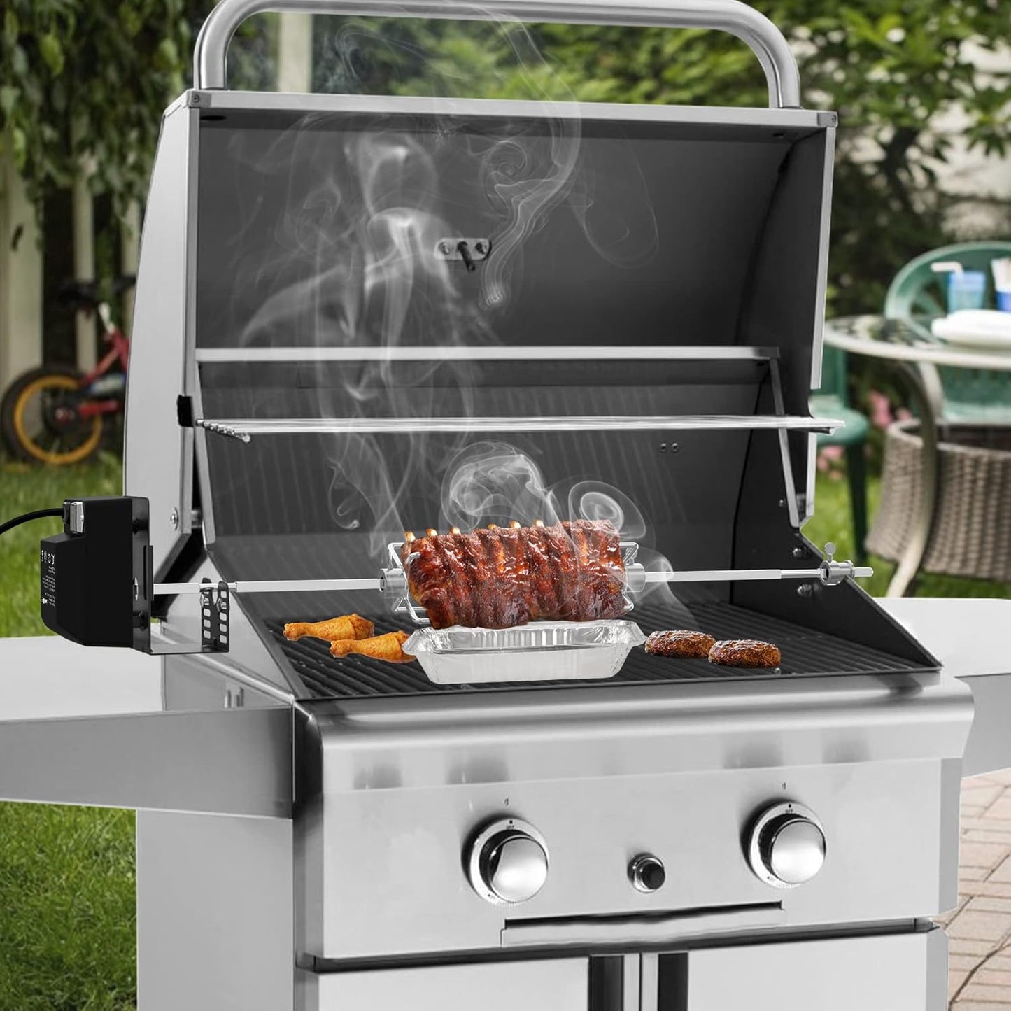 New Universal BBQ Grill Rotisserie Kit, Gas Grills, 110V 4W Motor, 4-Prong Forks, 28" Rod, onlyfire