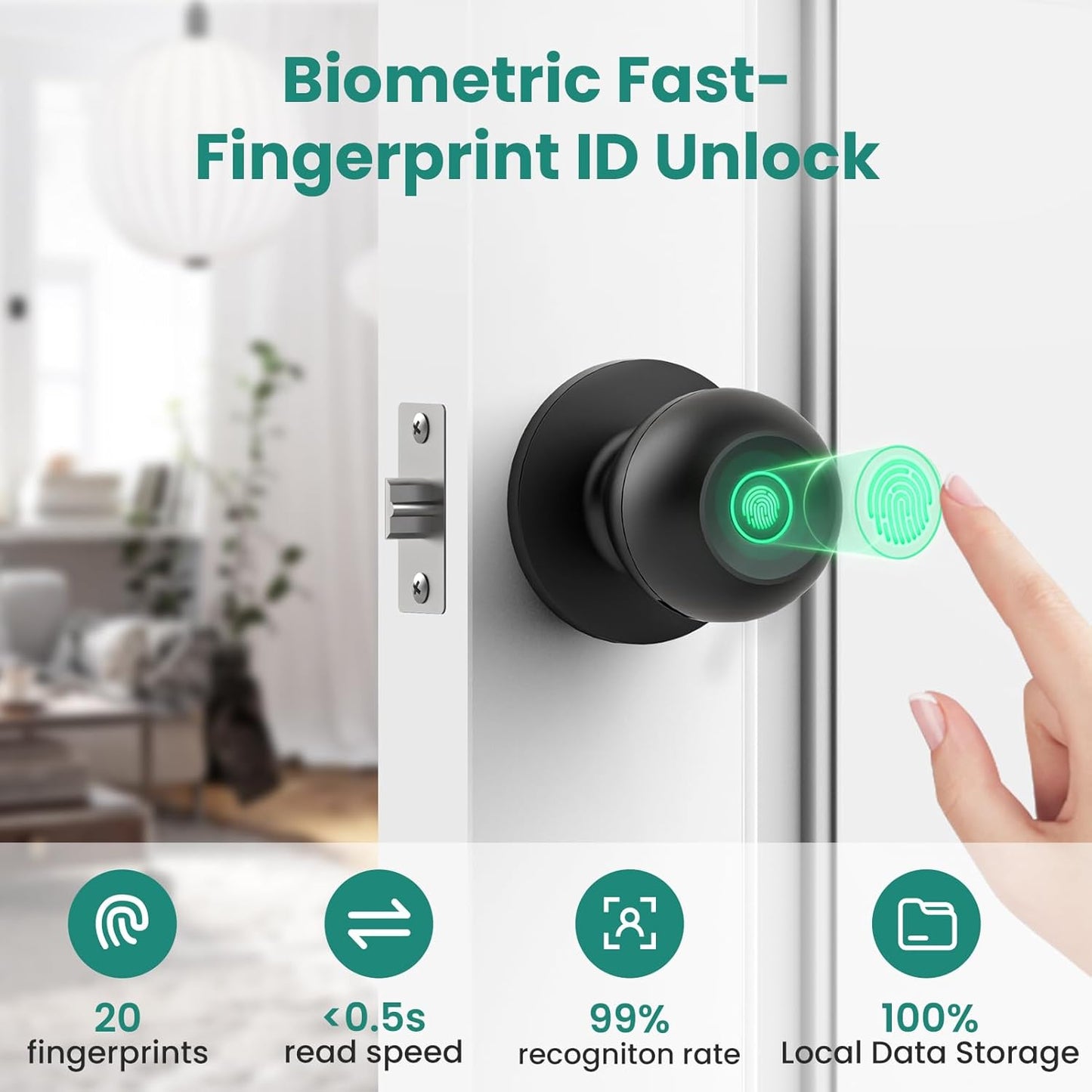 New Smart Fingerprint Door Lock, App Control, Keyless, 20 Prints, Black, GHome