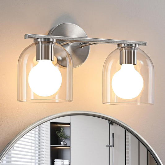Modern 2-Light Vanity Sconce, Clear Glass Shade, Wall Mount, Brushed Nickel, 14.2 Inch, WOSHITU