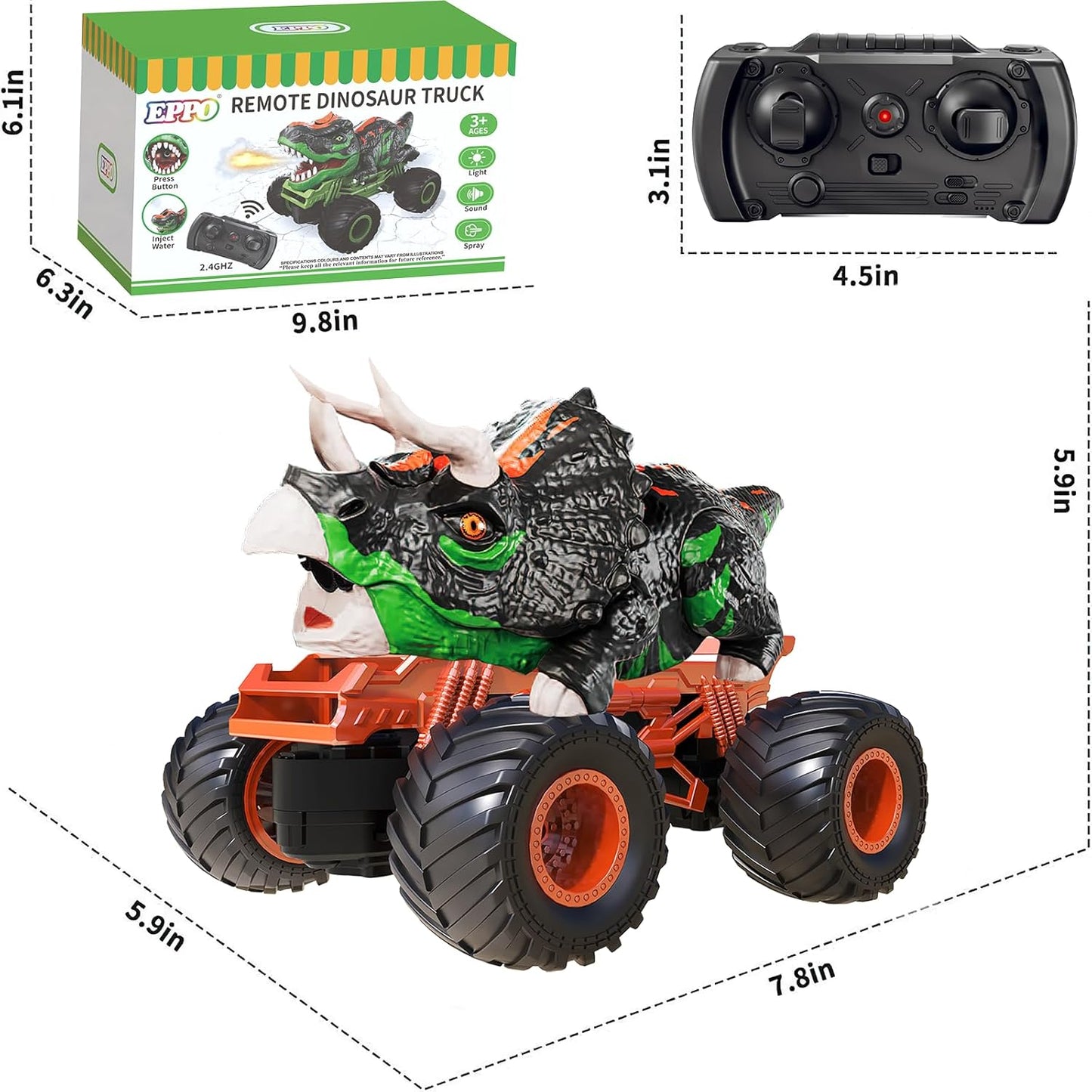 EPPO Remote Control Dinosaur Car, 2.4Ghz RC Truck, for 3-7 Year Olds, with Light & Sound Spray