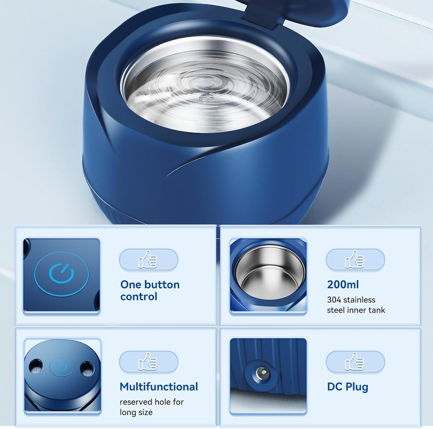 Ultrasonic Retainer Cleaner, 200ML, 45kHz, Portable, Dentures, Aligner, Blue