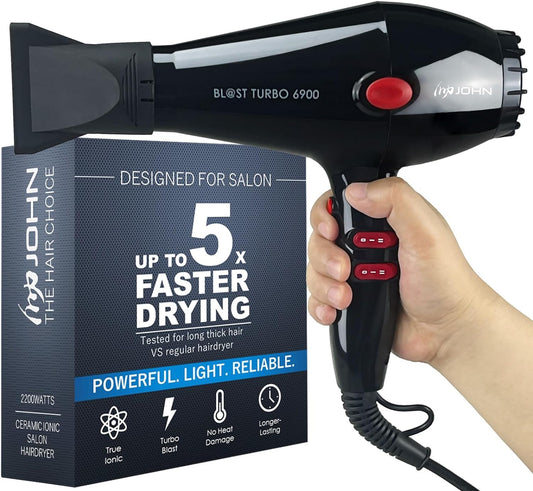 Super Fast Drying Ionic Hair Dryer, 2200W Pro Salon, Blast Turbo 6900, 2 Nozzles, Black, JOHN