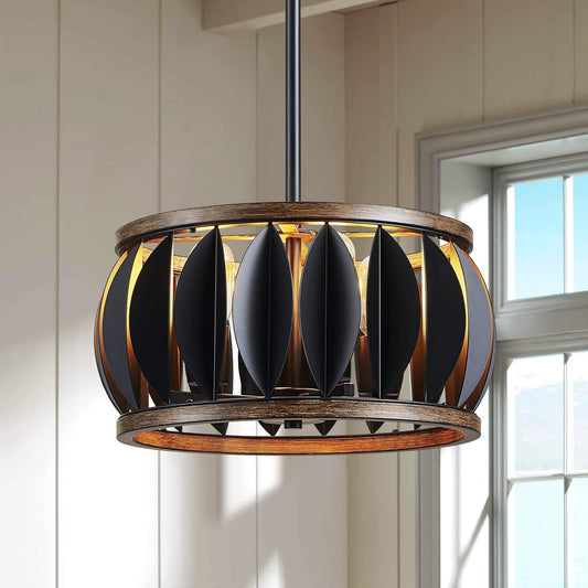 New XINGQI Modern Black Chandelier, Farmhouse 4-Light, Wood Grain, Metal, 15.7", Dining & Living