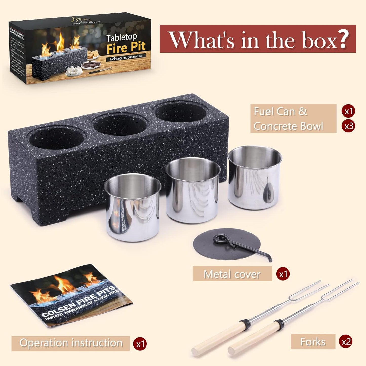 New TAUSOM Concrete Tabletop Fire Pit, 3 Alcohol Burners, Indoor/Outdoor, Portable, 14.7x4.9x4.3