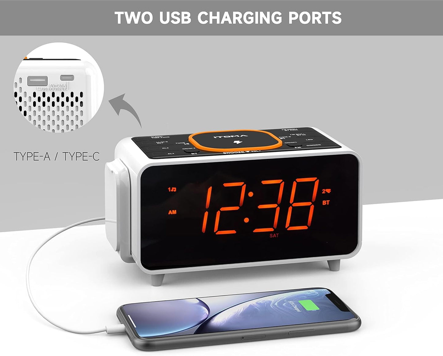 Dual Wireless Charging Alarm Clock, Bluetooth Speaker, FM Radio, USB Ports, Dual Alarms, Snooze