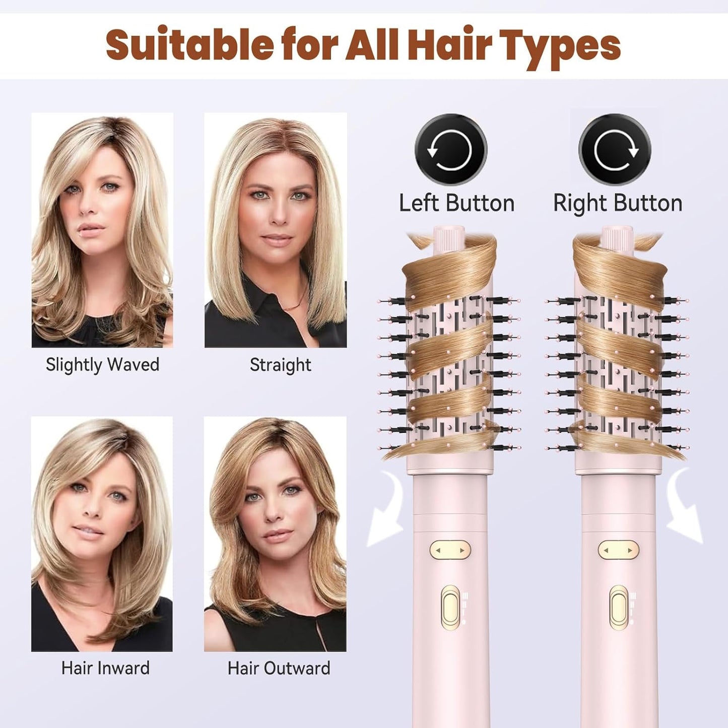 New 3-in-1 Rotating Hair Dryer Brush, Spinning, Detachable Heads (2"&1.5"), 3H/2S, Curl/Straight