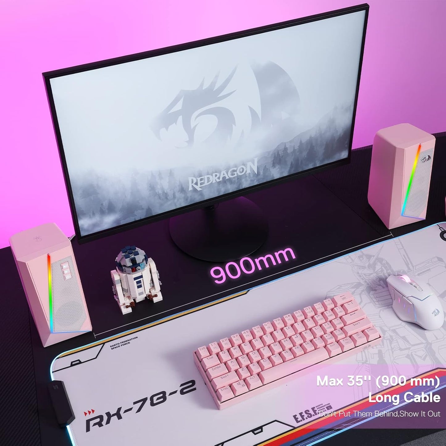 RGB PC Gaming Speakers w/ 6 LED Modes, USB Powered & 3.5mm Jack, Pink, GS520, Redragon