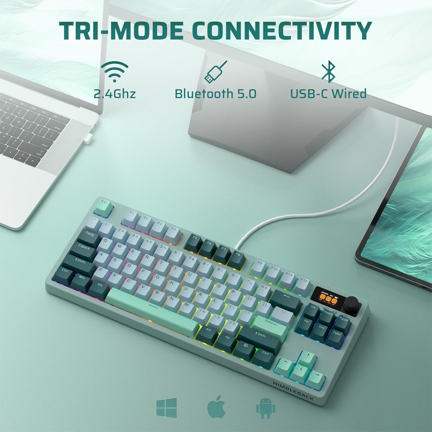 New Wireless Keyboard, NB841 PRO 75%, Display, Knob, RGB, Hot-Swap, LTC Nimbleback, Blue Switch