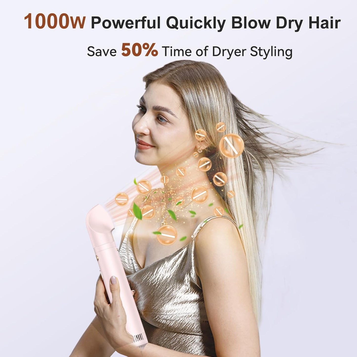 New 3-in-1 Rotating Hair Dryer Brush, Spinning, Detachable Heads (2"&1.5"), 3H/2S, Curl/Straight
