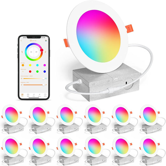 New 12 Pack RGB Smart Recessed Lighting 6 Inch, 2700K~5700K, Bluetooth, 16W, 1350 Lumen