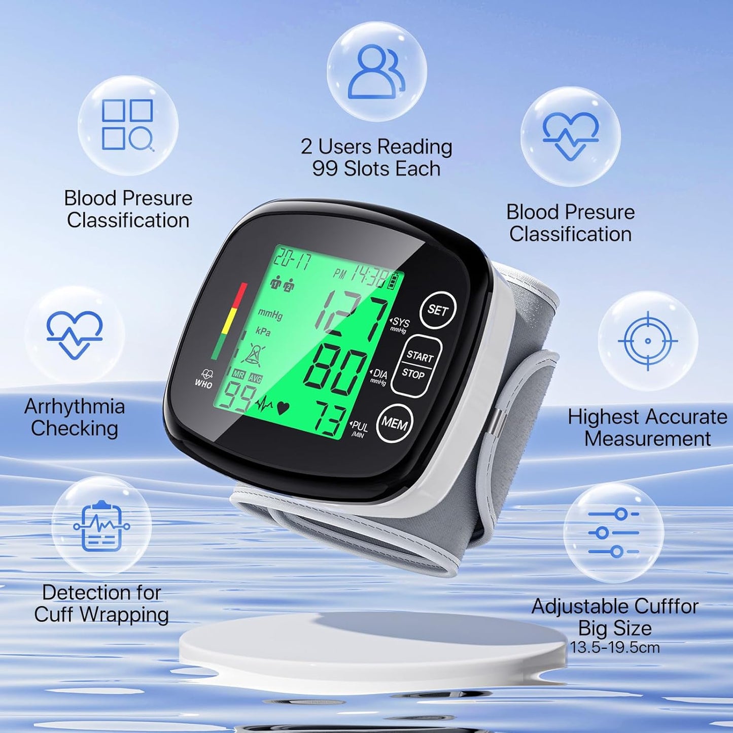 Blood Pressure Monitor, Wrist, Automatic, Digital LCD Display, 5.3-7.67" Cuff, 99x2 Sets Memory