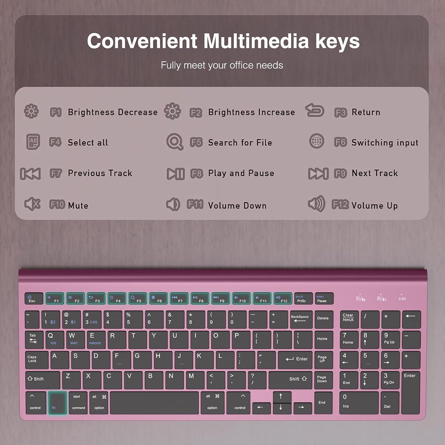 New Wireless Keyboard, 2.4G Slim and Compact Wireless Keyboard for Multiple Devices -Wine Red
