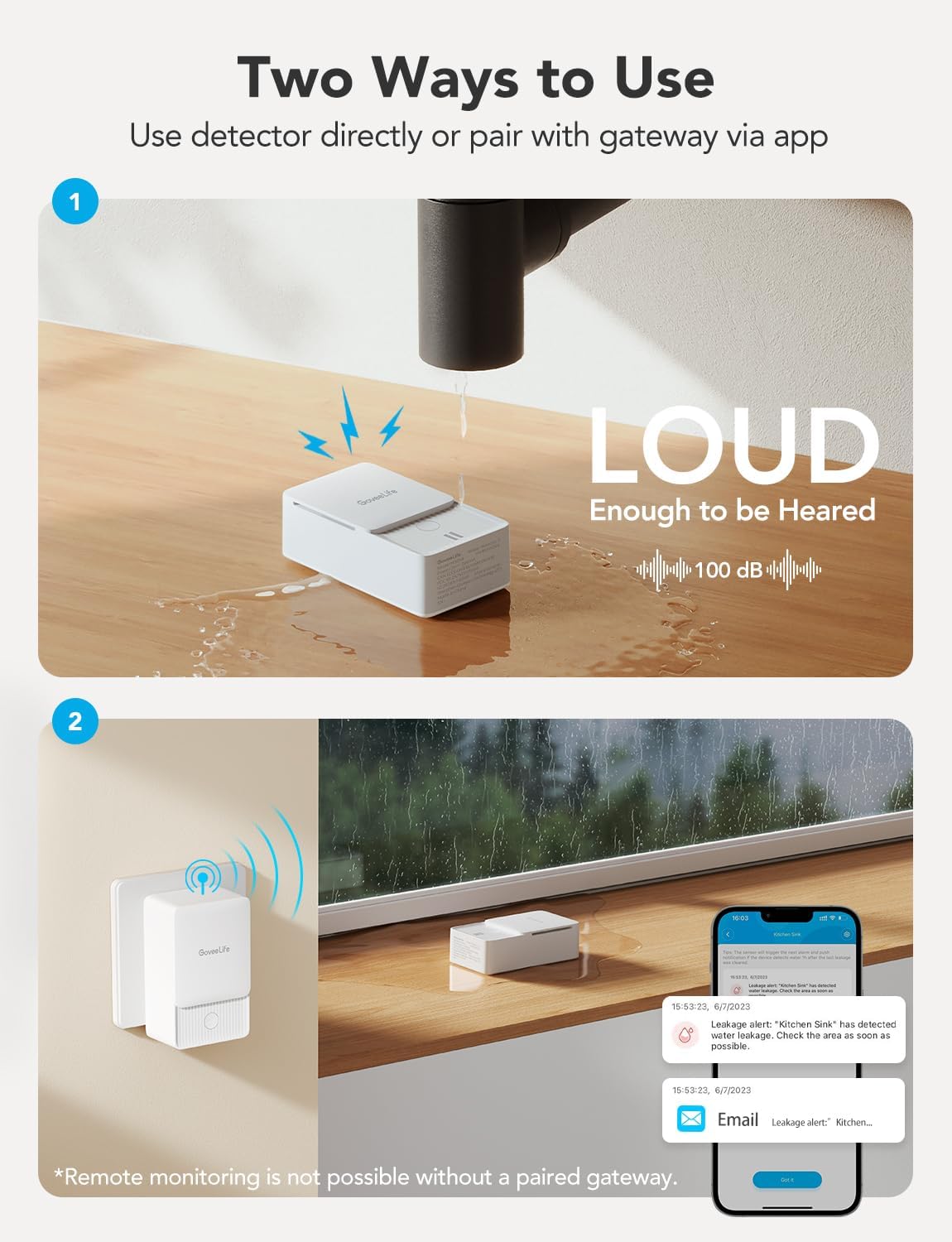 Water Leak Detectors 3 Pack, 100dB Audio Alarm, Leak and Drip Alerts, For Home, Basement, GoveeLife