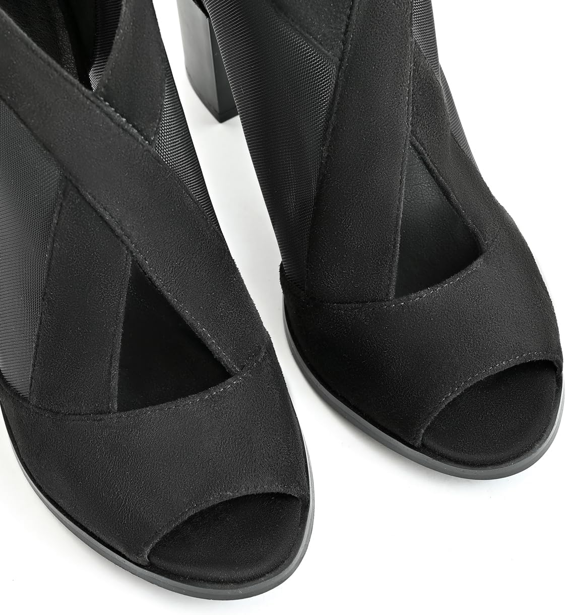 Size 7 Peep Toe Chunky Heels for Women Comfortable Block Heels, Cut Out Back Zipper, Mesh Ankle