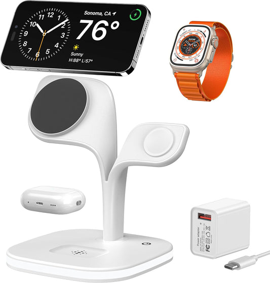 New - White Wireless Charging Station for Magsafe, Multi-Device, Iphone 15/14/13/12, Watch, AirPods