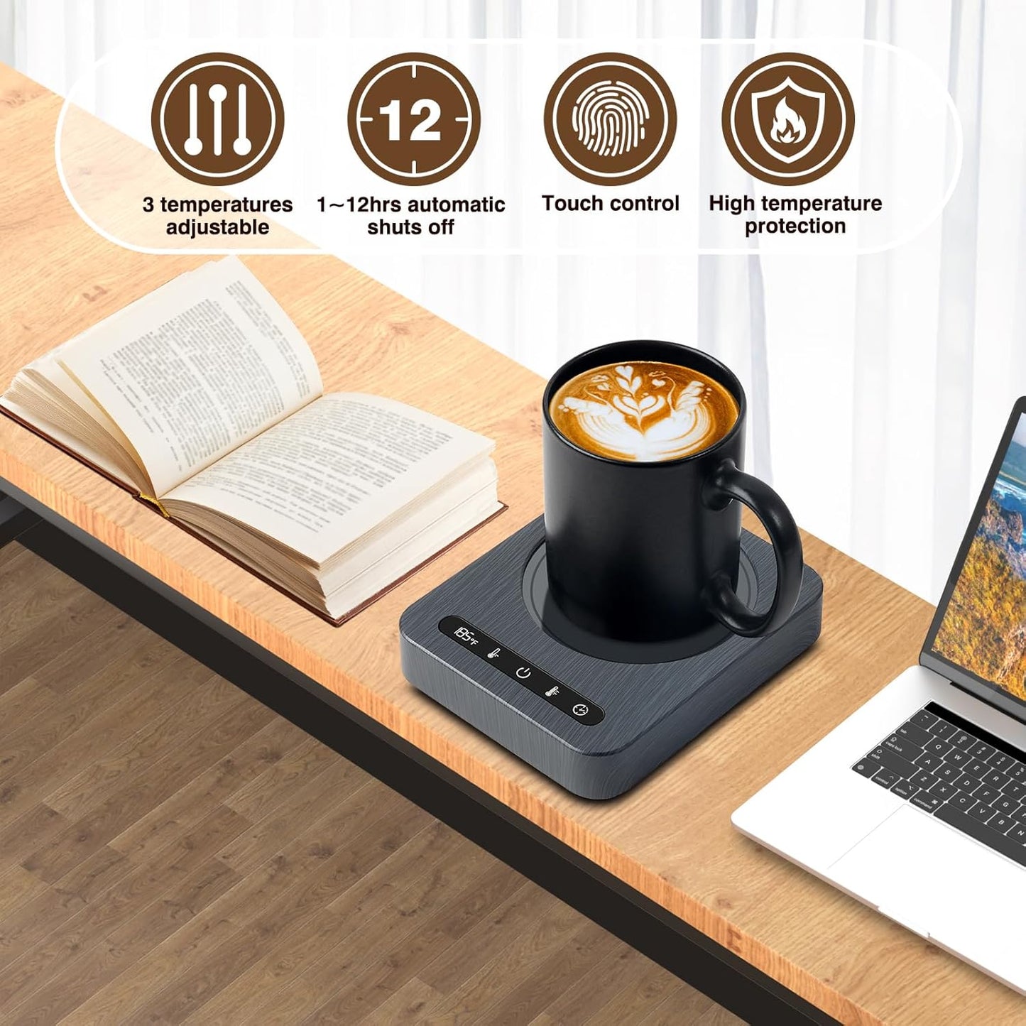 Smart Coffee Mug Warmer w/ Auto Shut Off, 4 Temp Settings, 1-12H Timer, Black Wood Grain