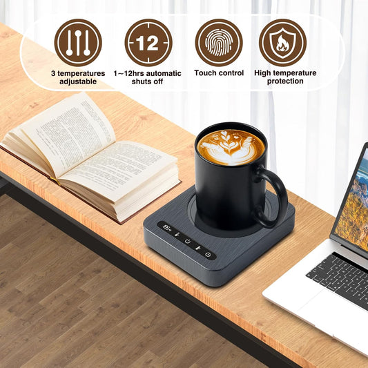 Smart Coffee Mug Warmer w/ Auto Shut Off, 4 Temp Settings, 1-12H Timer, Black Wood Grain