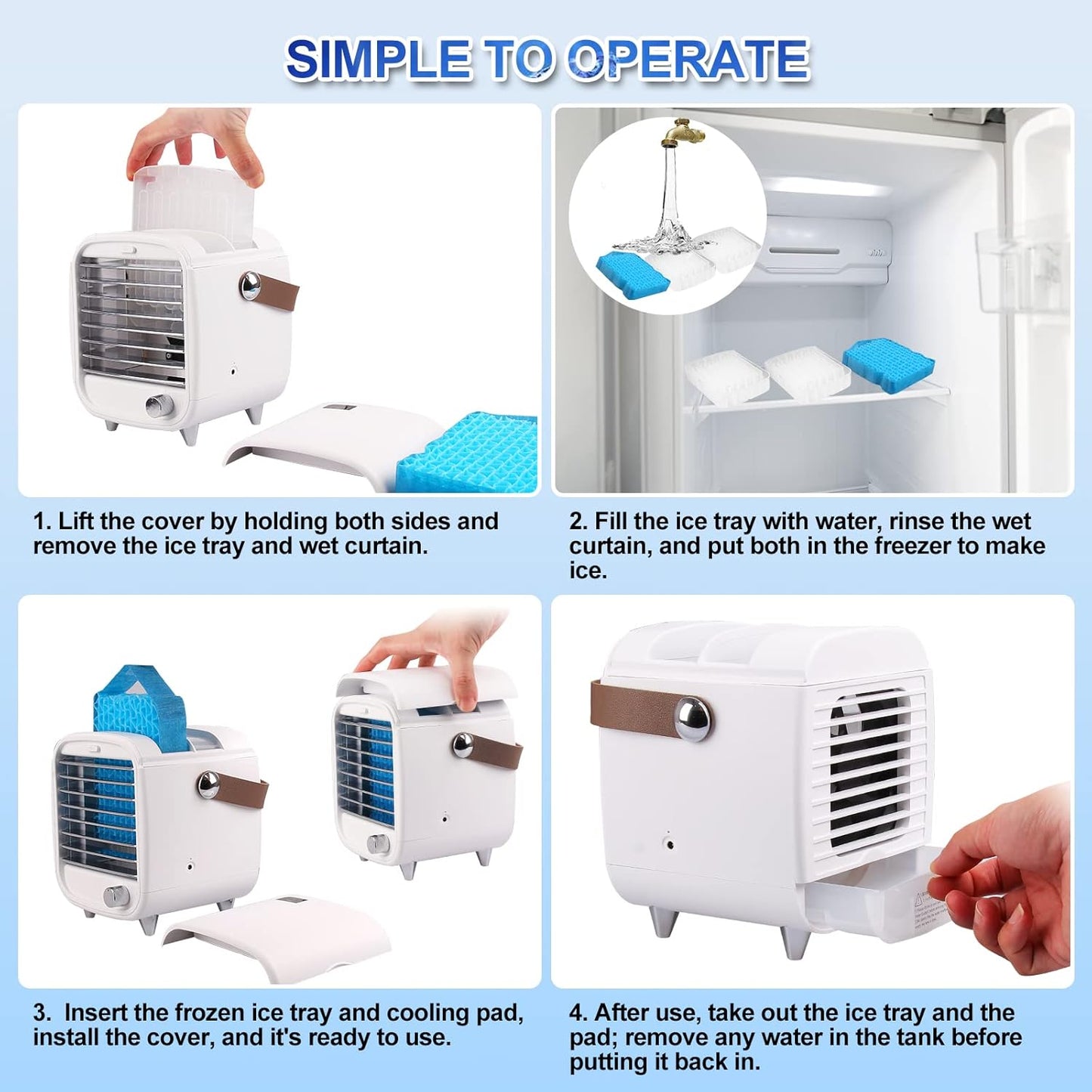 New Portable Air Conditioner Fan with Handle, Mini Evaporative Cooler, LED, Includes Ice Tray