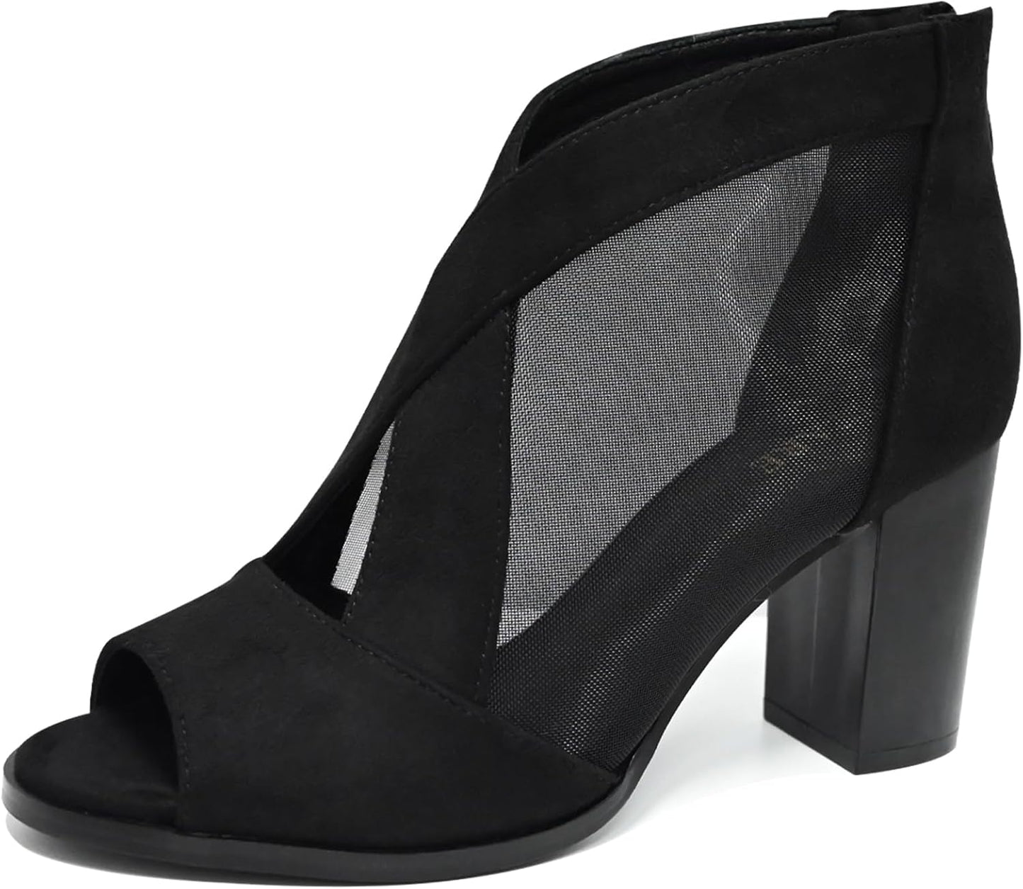 Size 7 Peep Toe Chunky Heels for Women Comfortable Block Heels, Cut Out Back Zipper, Mesh Ankle