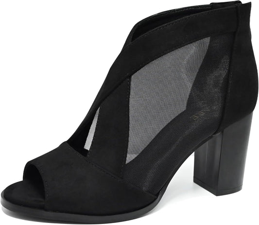 Size 7 Peep Toe Chunky Heels for Women Comfortable Block Heels, Cut Out Back Zipper, Mesh Ankle
