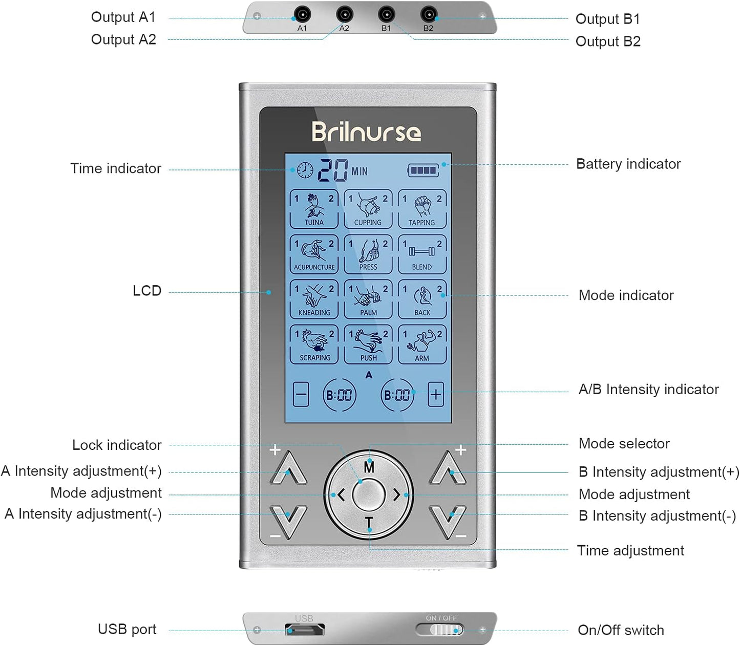 Brilnurse TENS Machine, 4 Outputs, Muscle Stimulator, Pain Relief, 24 Modes, 16 Electrode Pads