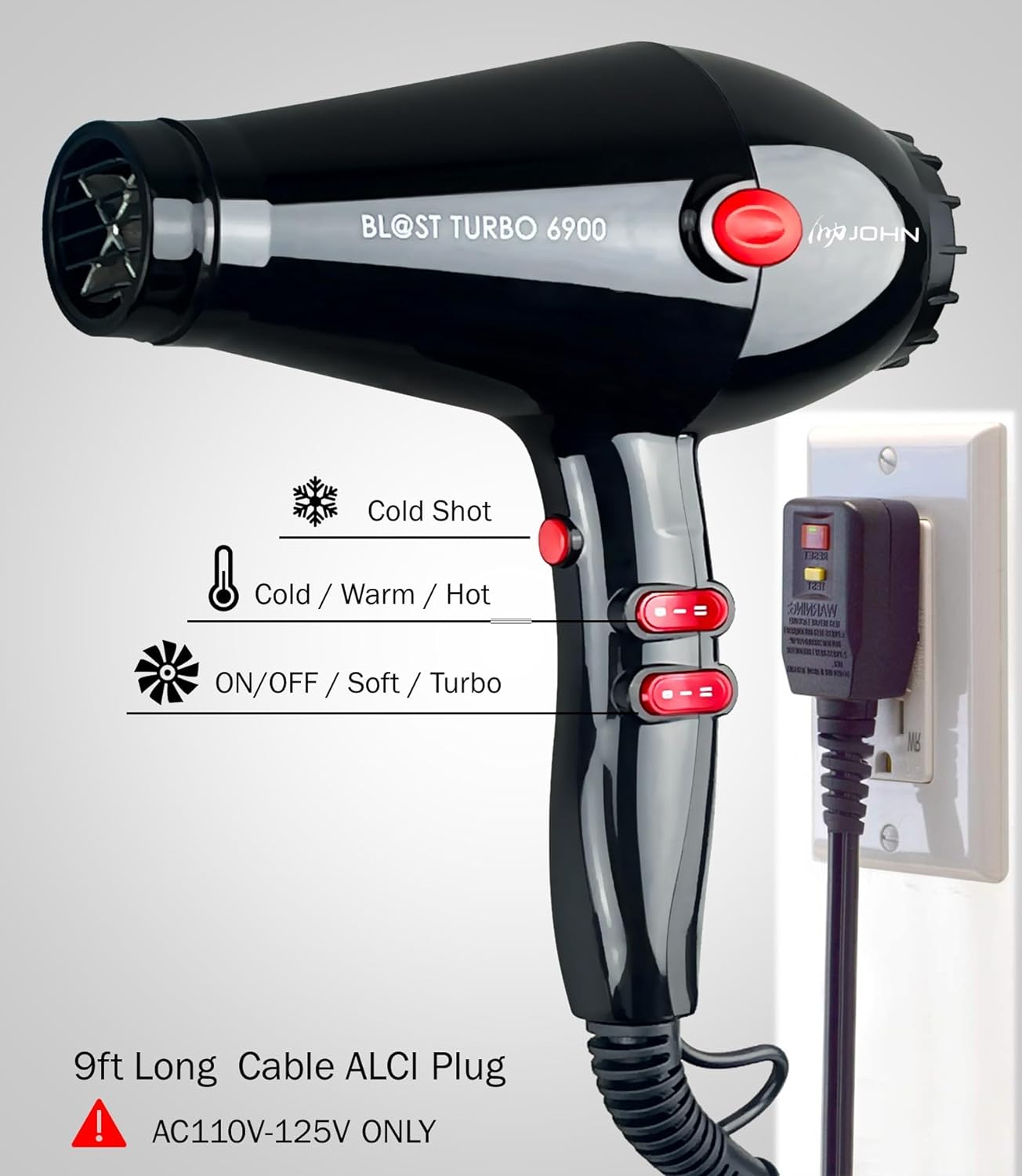 Super Fast Drying Ionic Hair Dryer, 2200W Pro Salon, Blast Turbo 6900, 2 Nozzles, Black, JOHN