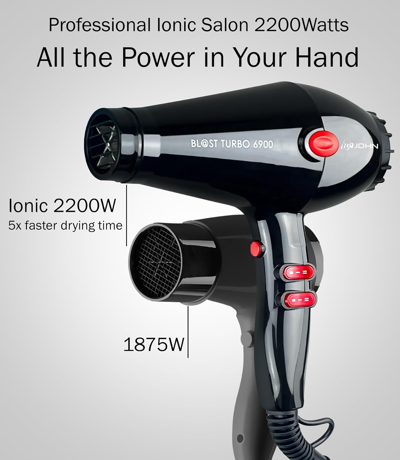 Super Fast Drying Ionic Hair Dryer, 2200W Pro Salon, Blast Turbo 6900, 2 Nozzles, Black, JOHN