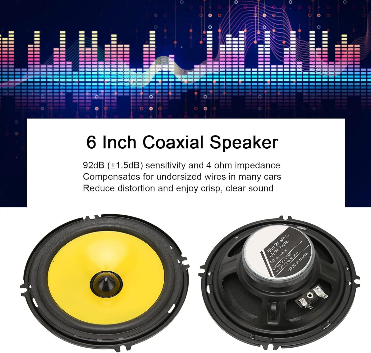 6" Inch Coaxial Car Audio Speakers, 600W, 92dB, Treble Bass Stereo Door Speakers (2pcs), YH