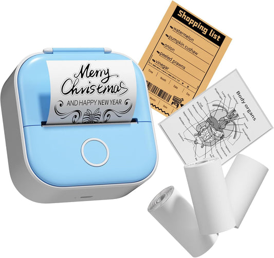 New Phomemo T02 Inkless Thermal Mini Printer, 3 rolls of paper, Stickers, To-Do Lists, BLUE