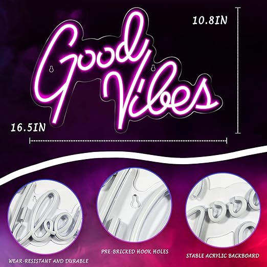 New Good Vibes Neon Sign, Pink LED Neon Light, for Bedroom, Room & Party Decor, USB Powered, Lomoer